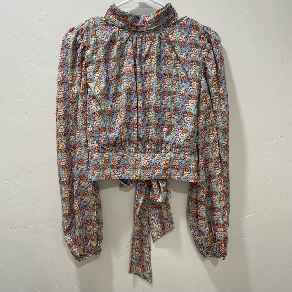 NWT Bohme Women's Small Brissa Floral High Neck Open Back Tie Blouse - Picture 12 of 16